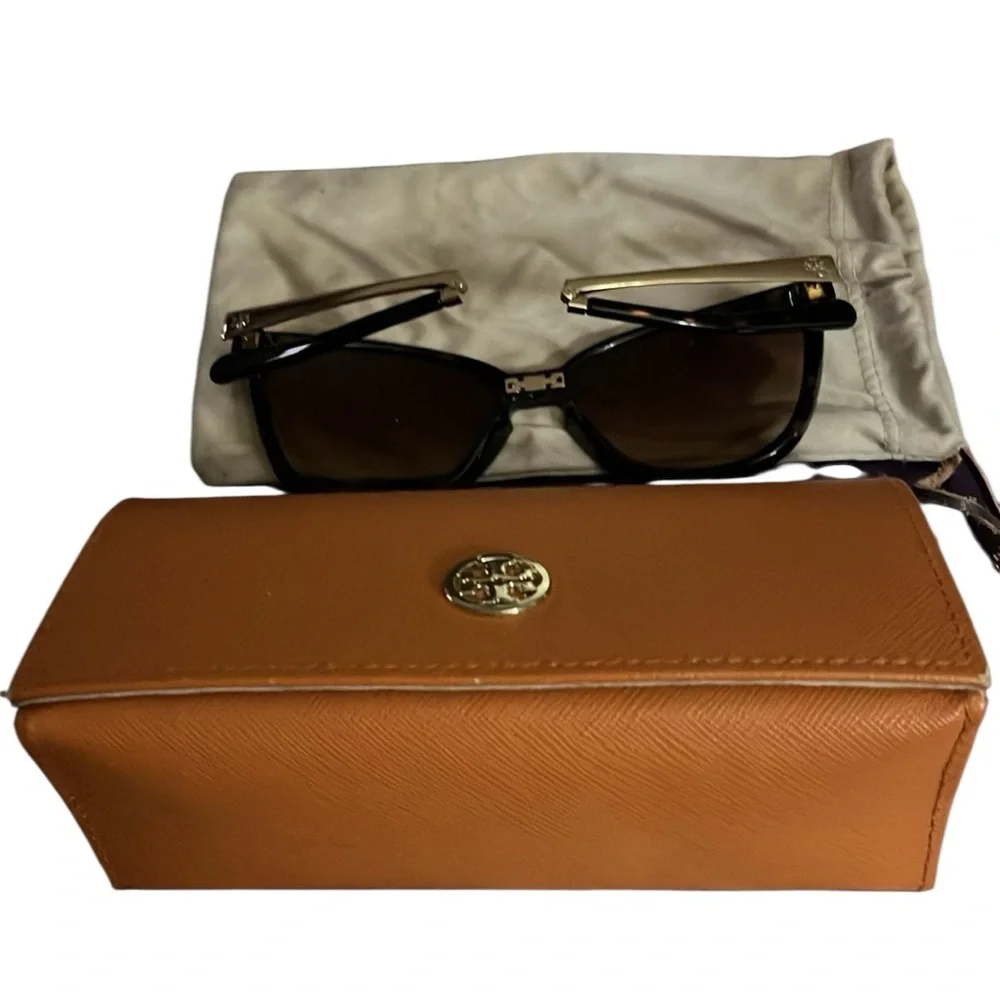 Tory Burch brown tortoise folding sunglasses with dark brown lens